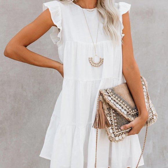 White Ruffled Mini Dress with Pockets - Picture 2 of 3